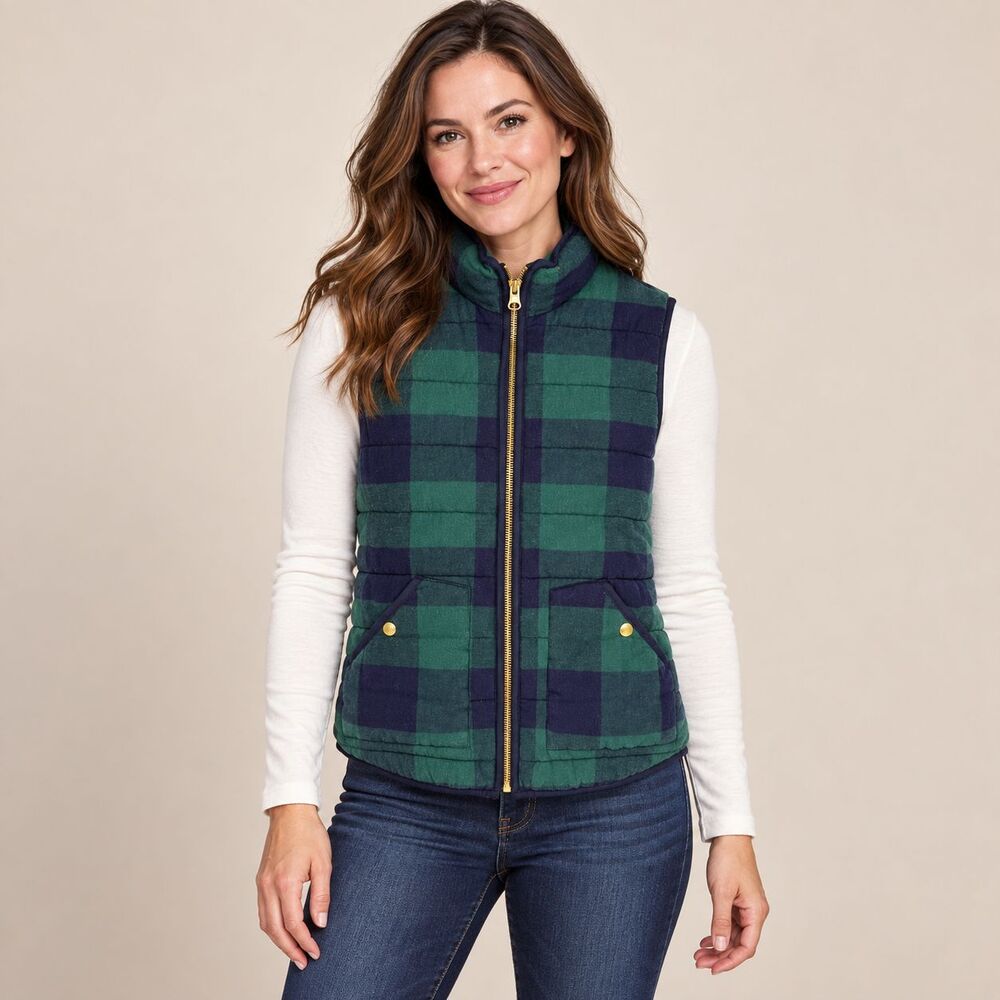 Merona Womens Small Green Navy Buffalo Plaid Quilted Puffer Vest Gold Zip Pocket